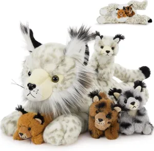 Muiteiur 5 Piece Lynx Stuffed Animals, Soft Bobcat Stuffed Animals with Babies,18-inch Plush Toy for Kids Girls Boys, Gift for Birthday Children Day (White)