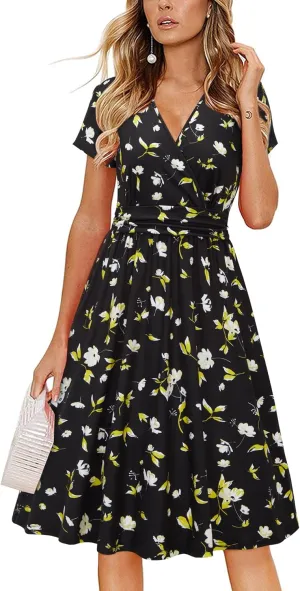 Newshows Womens Summer Short Sleeve Casual Dresses V Neck Floral Vacation Sundress Faux Wrap Midi Dress with Pockets