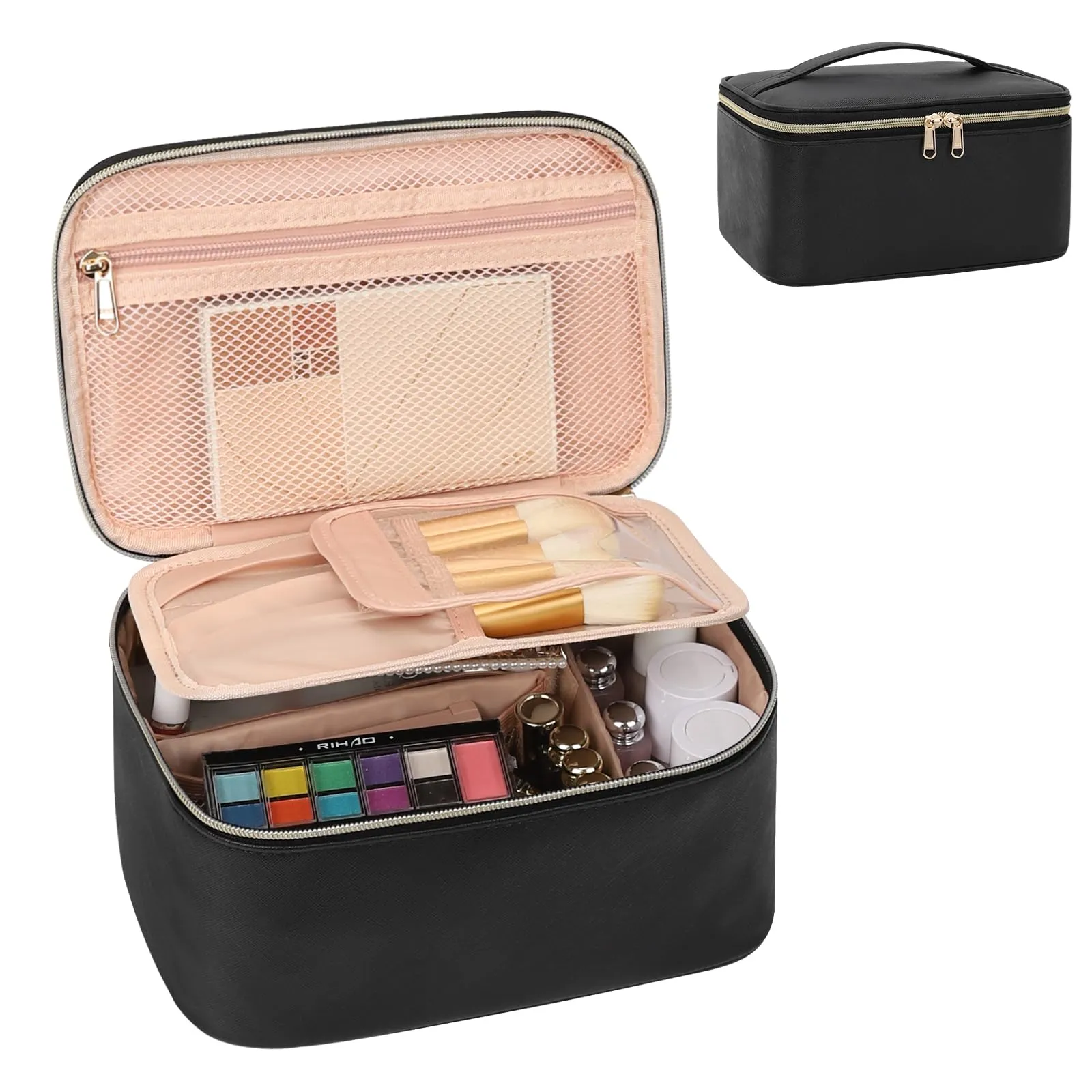 OCHEAL Makeup Bag, Travel Makeup Bag Organizer with Brush Compatrment Large Cute Cosmetic Toiletry Bag for Women and Girls Traveling Skincare or Makeup Essentials Storage Case -Black