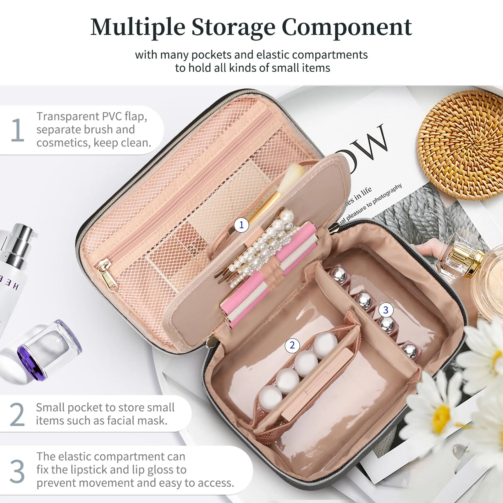 OCHEAL Makeup Bag, Travel Makeup Bag Organizer with Brush Compatrment Large Cute Cosmetic Toiletry Bag for Women and Girls Traveling Skincare or Makeup Essentials Storage Case -Black