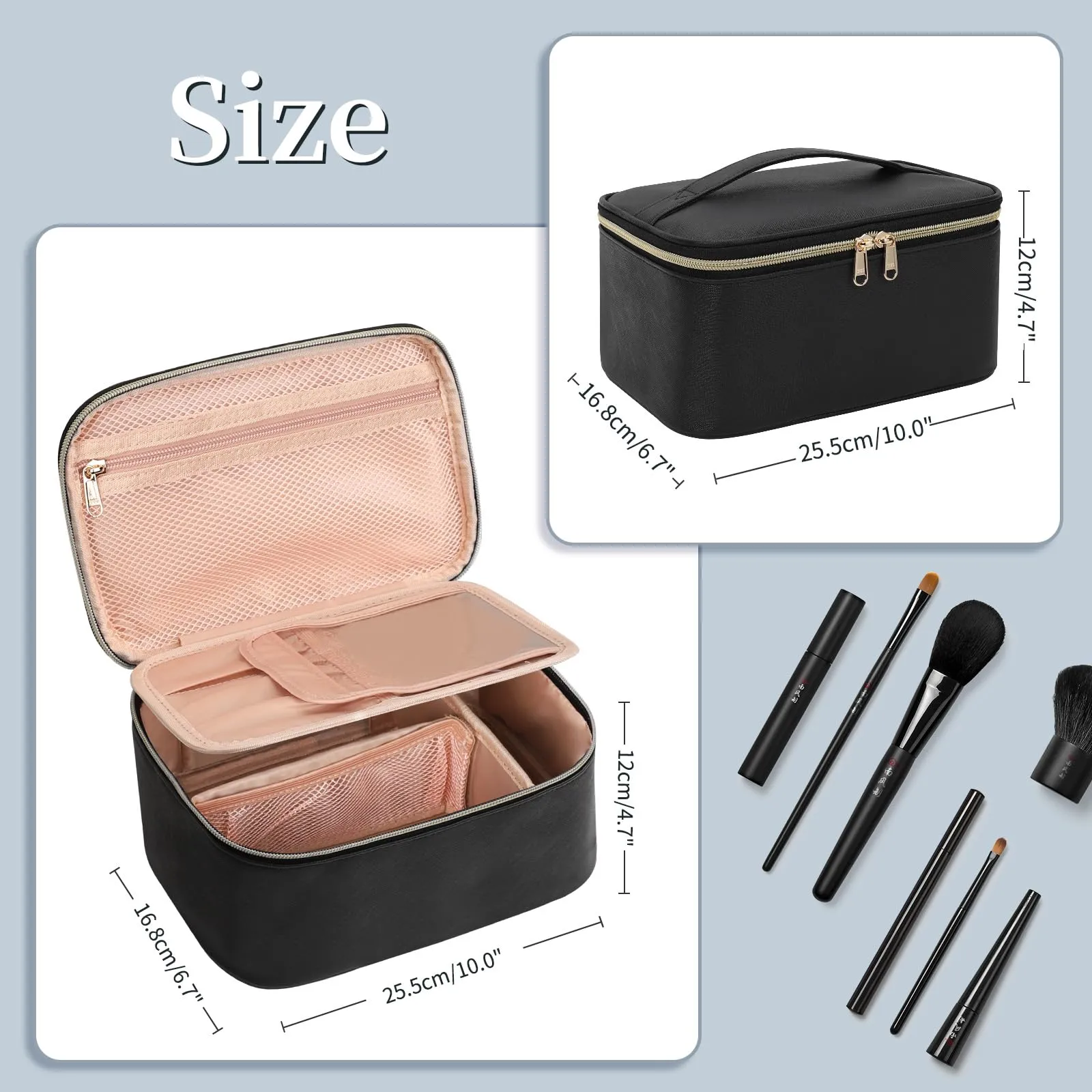 OCHEAL Makeup Bag, Travel Makeup Bag Organizer with Brush Compatrment Large Cute Cosmetic Toiletry Bag for Women and Girls Traveling Skincare or Makeup Essentials Storage Case -Black