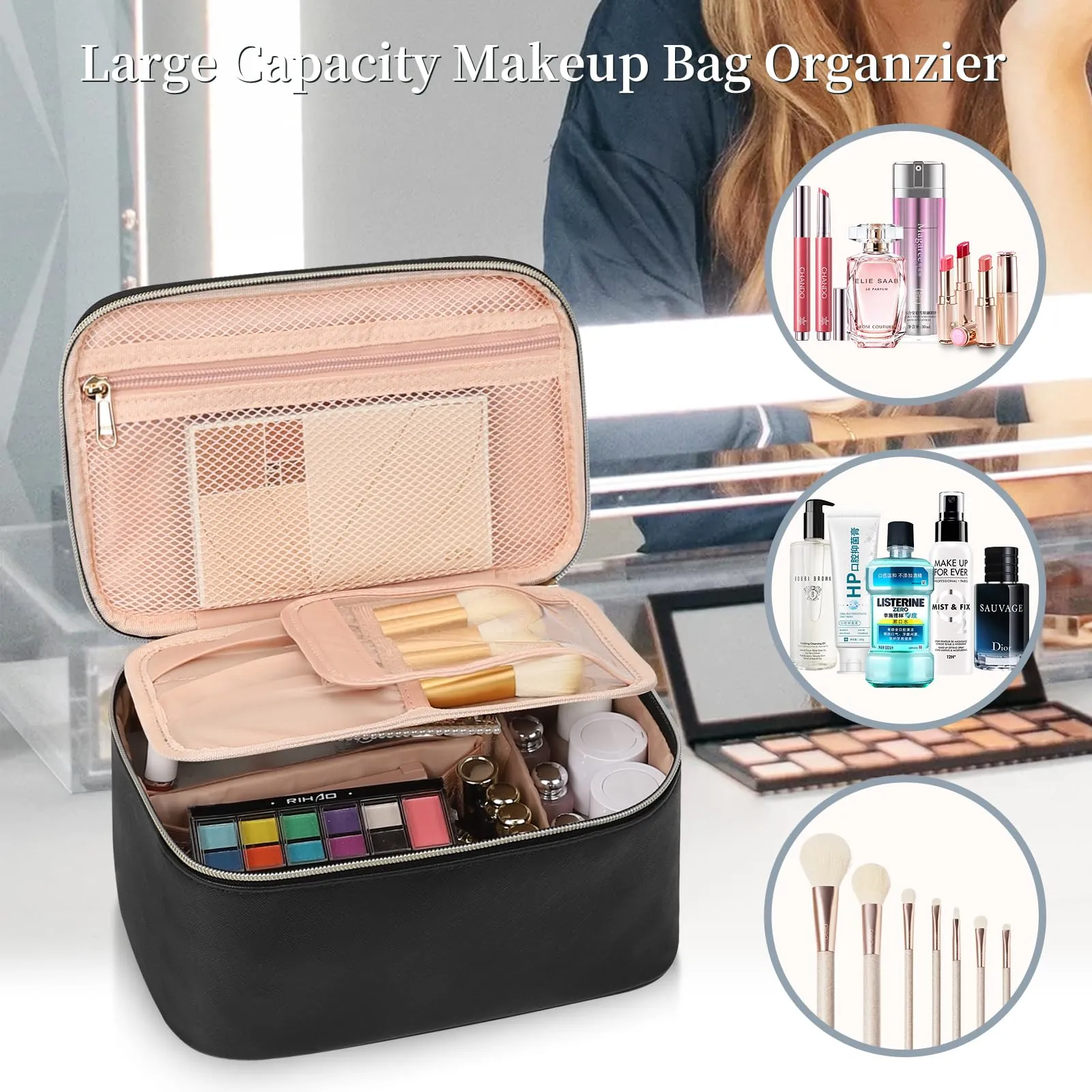 OCHEAL Makeup Bag, Travel Makeup Bag Organizer with Brush Compatrment Large Cute Cosmetic Toiletry Bag for Women and Girls Traveling Skincare or Makeup Essentials Storage Case -Black