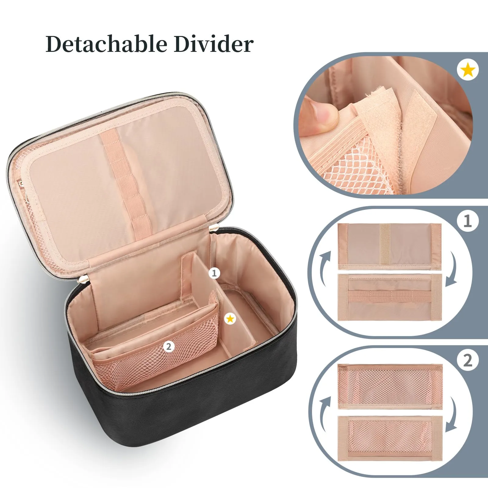 OCHEAL Makeup Bag, Travel Makeup Bag Organizer with Brush Compatrment Large Cute Cosmetic Toiletry Bag for Women and Girls Traveling Skincare or Makeup Essentials Storage Case -Black