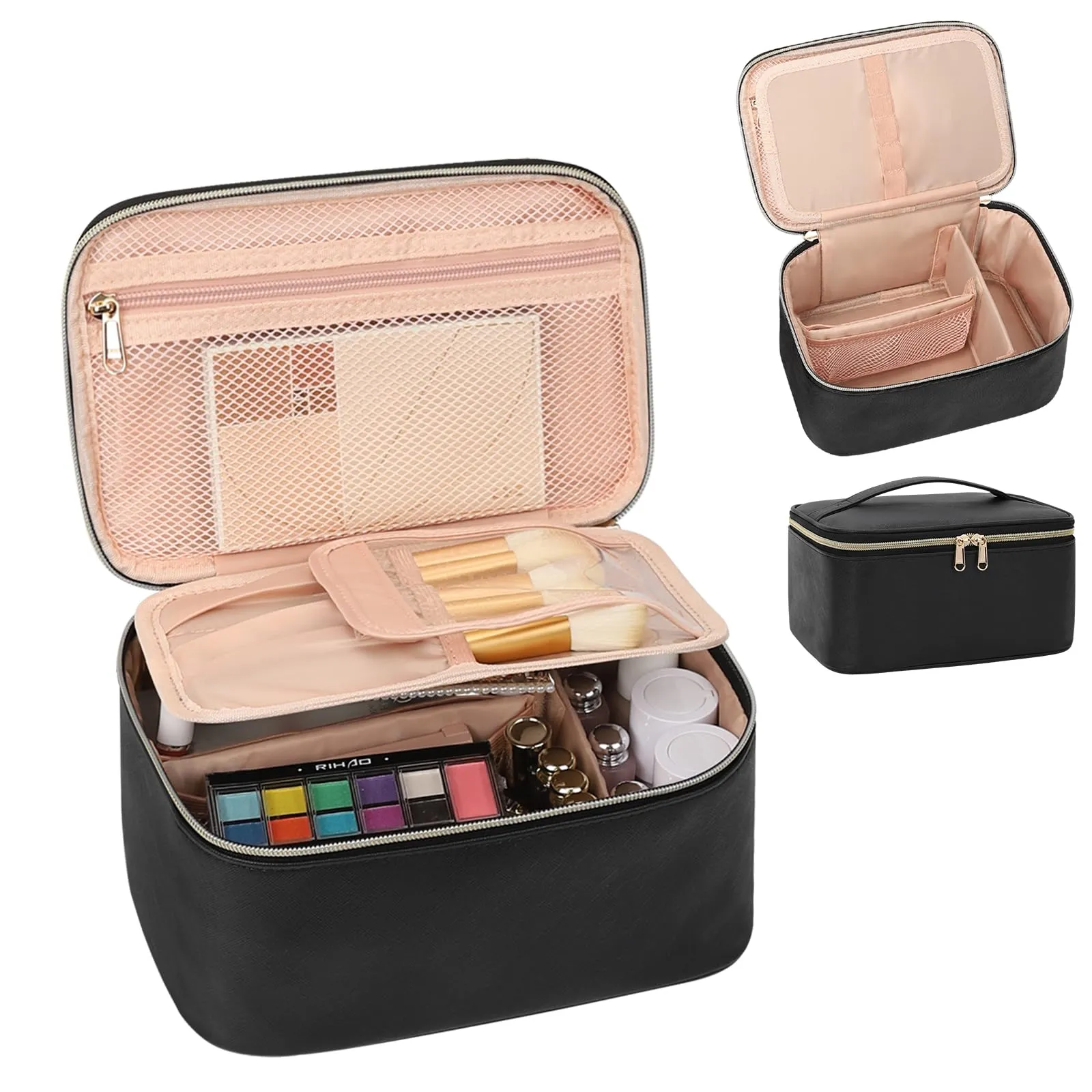 OCHEAL Makeup Bag, Travel Makeup Bag Organizer with Brush Compatrment Large Cute Cosmetic Toiletry Bag for Women and Girls Traveling Skincare or Makeup Essentials Storage Case -Black