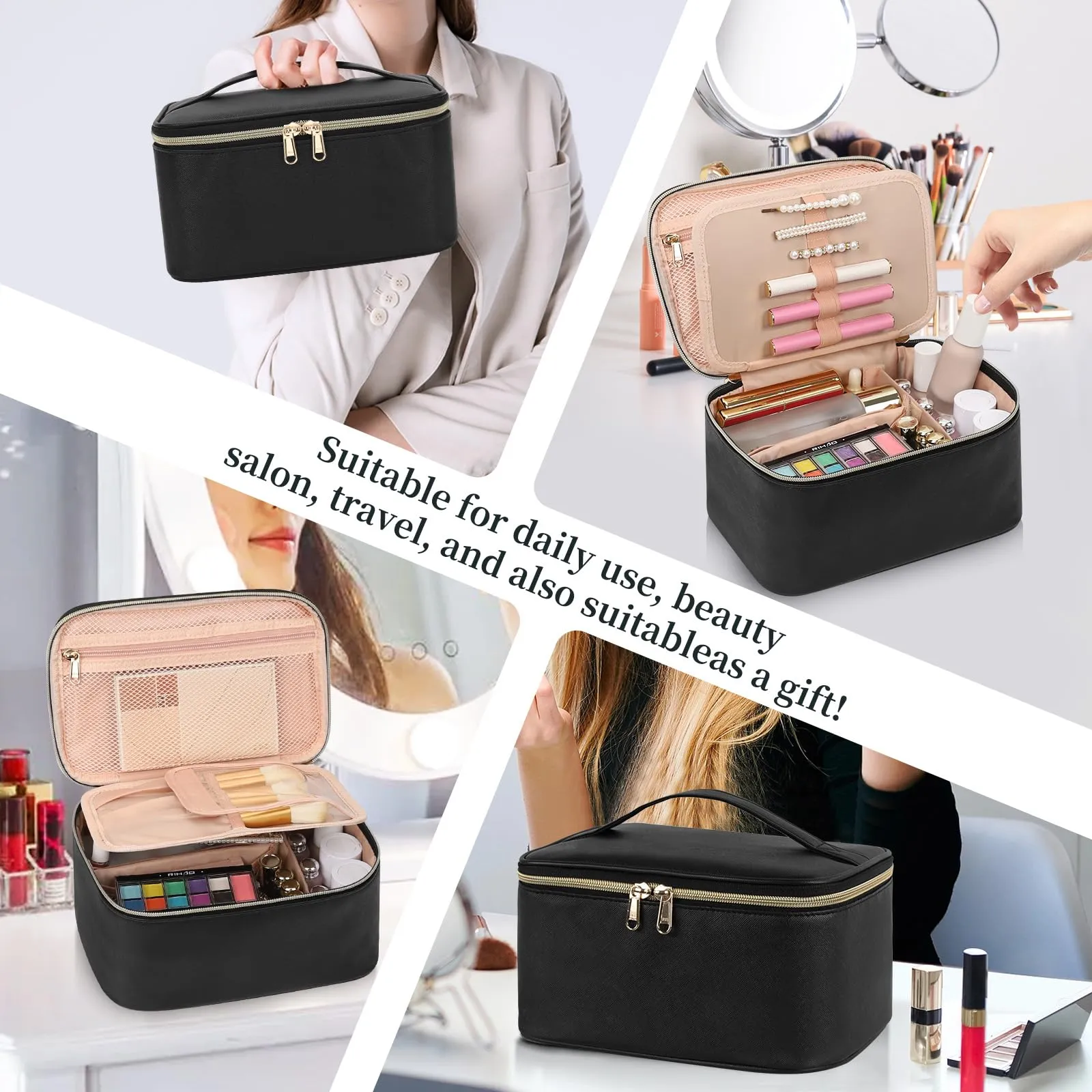 OCHEAL Makeup Bag, Travel Makeup Bag Organizer with Brush Compatrment Large Cute Cosmetic Toiletry Bag for Women and Girls Traveling Skincare or Makeup Essentials Storage Case -Black