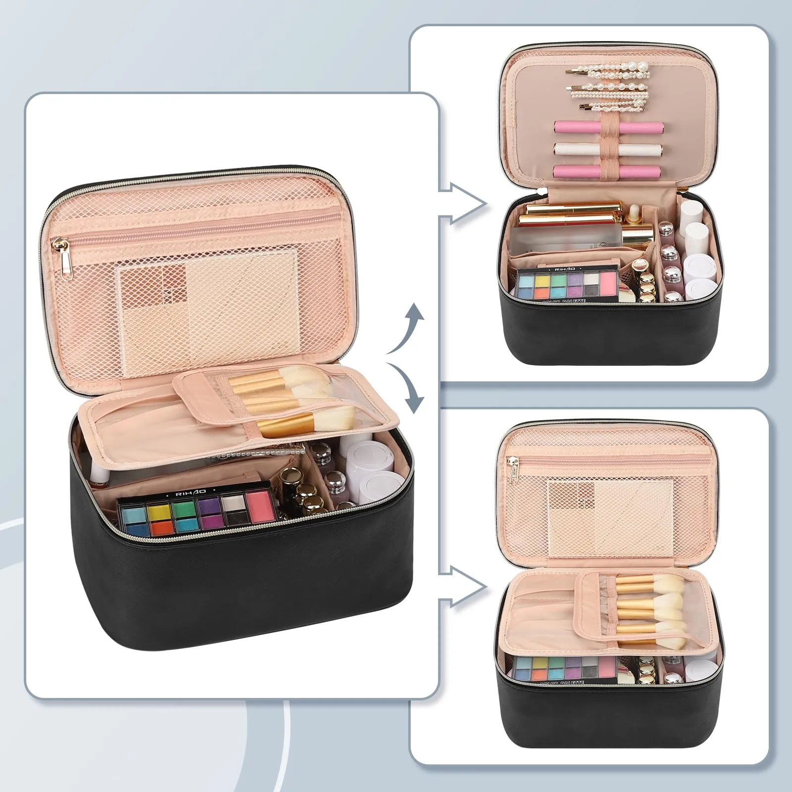 OCHEAL Makeup Bag, Travel Makeup Bag Organizer with Brush Compatrment Large Cute Cosmetic Toiletry Bag for Women and Girls Traveling Skincare or Makeup Essentials Storage Case -Black