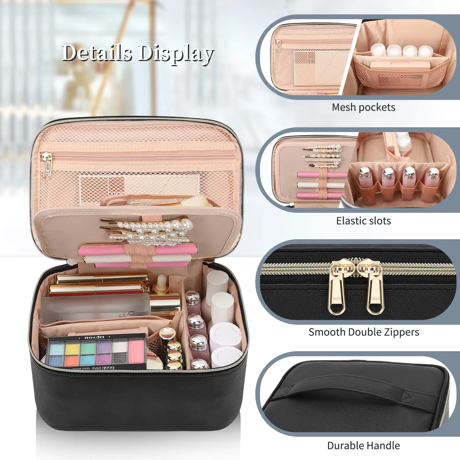 OCHEAL Makeup Bag, Travel Makeup Bag Organizer with Brush Compatrment Large Cute Cosmetic Toiletry Bag for Women and Girls Traveling Skincare or Makeup Essentials Storage Case -Black