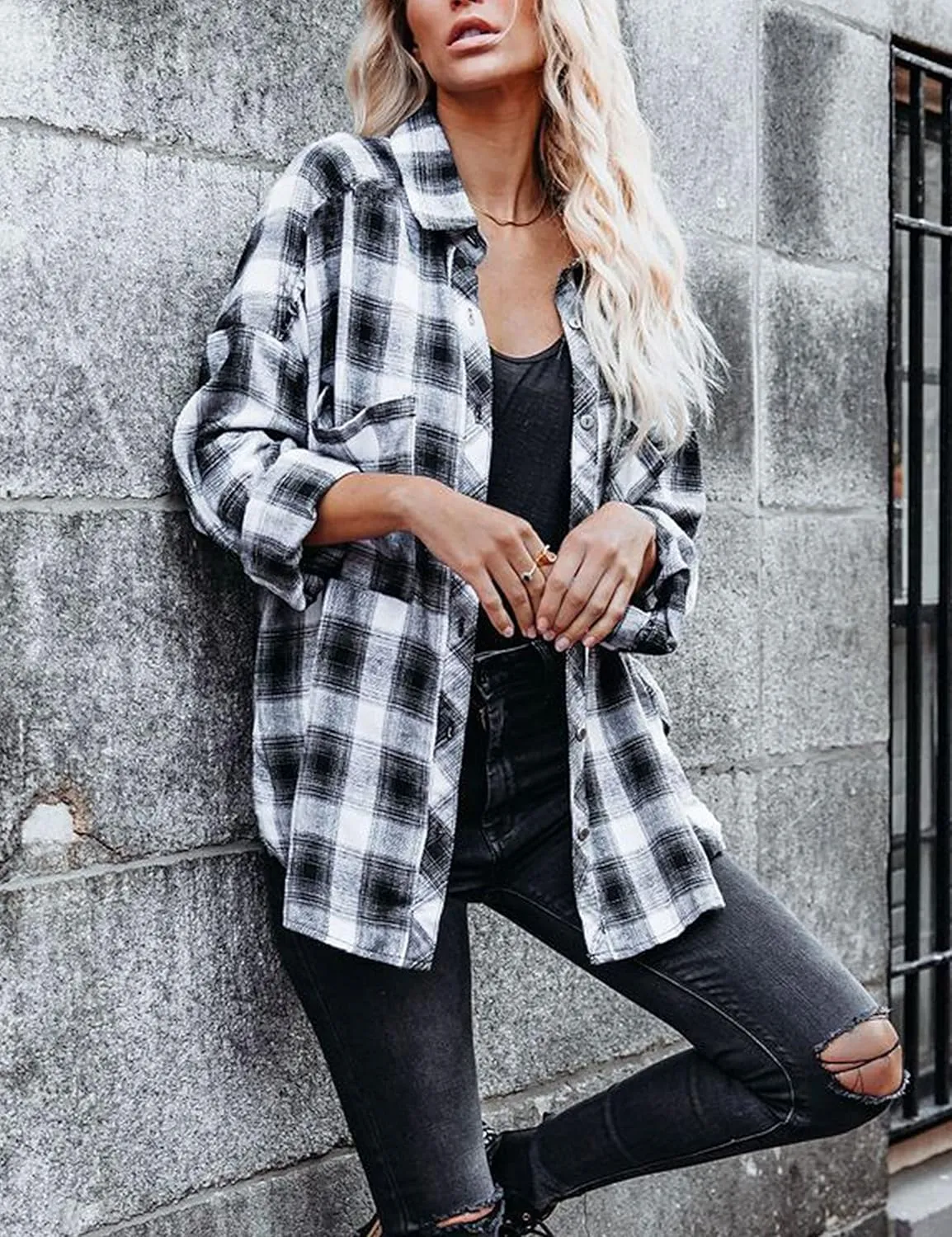 Oversized Womens Flannel Plaid Soft Flannel Button Down Shirt Roll Up Long Sleeve Flannel Plaid Shirt Blouses Women