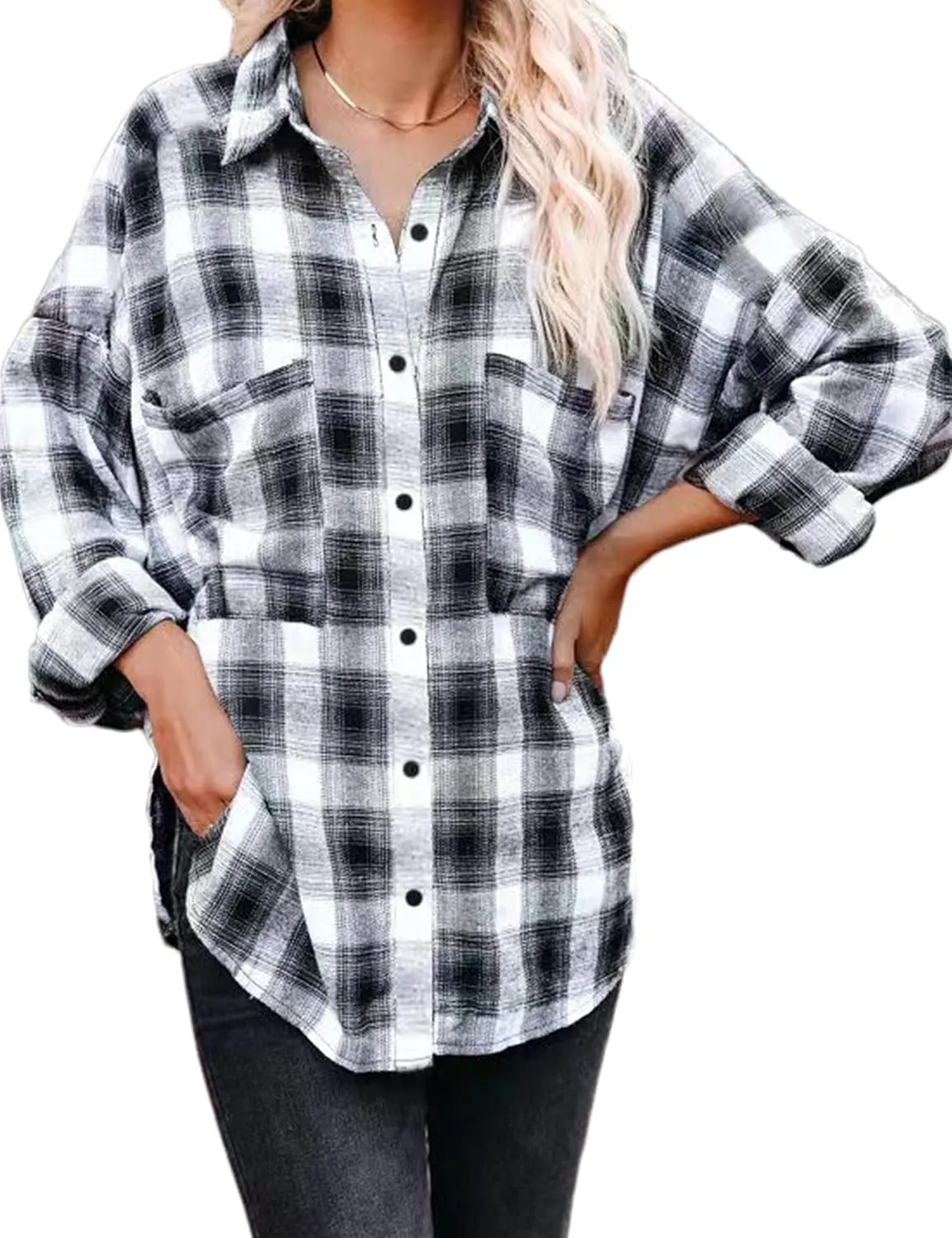 Oversized Womens Flannel Plaid Soft Flannel Button Down Shirt Roll Up Long Sleeve Flannel Plaid Shirt Blouses Women