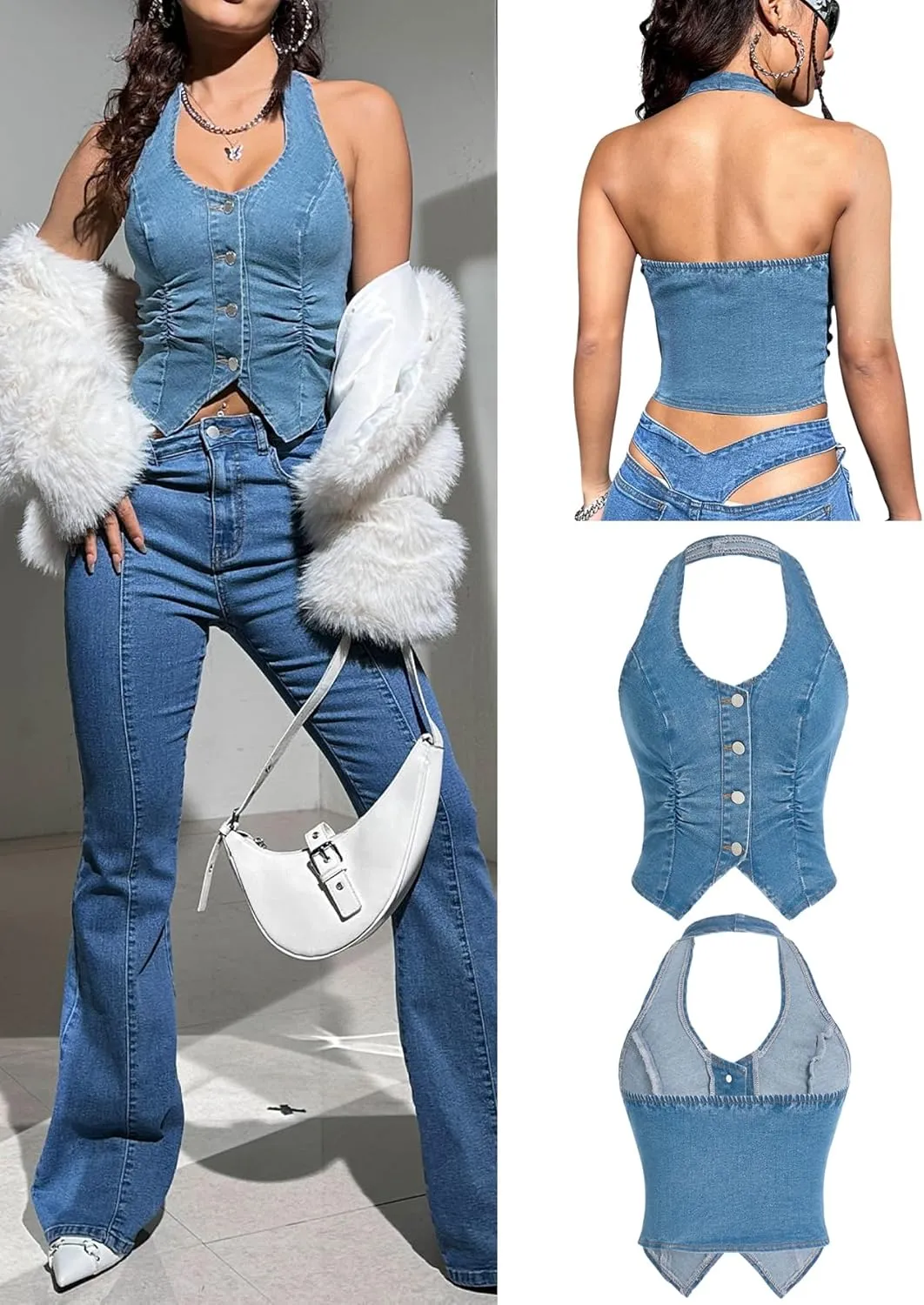 OYOANGLE Women's Vintage Denim Crop Tank Button Front Sleeveless Halter Jean Vest