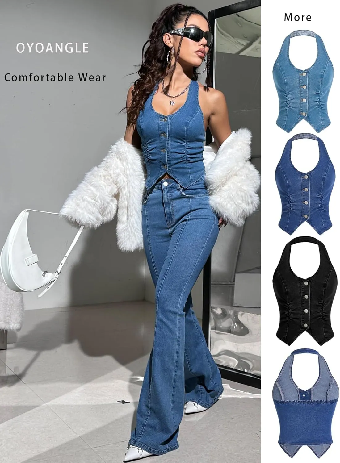 OYOANGLE Women's Vintage Denim Crop Tank Button Front Sleeveless Halter Jean Vest