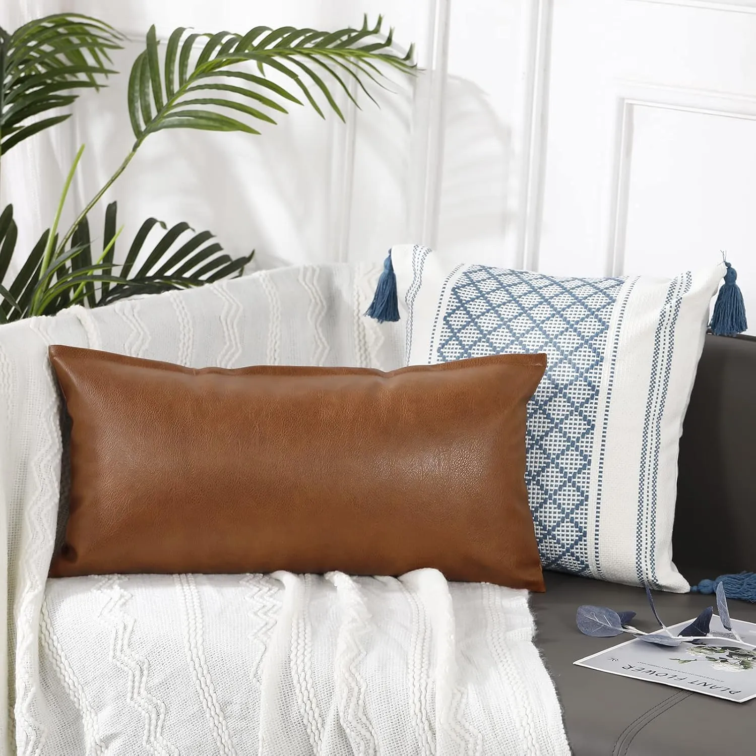 PANOD Long Lumbar Pillow Covers 12 x 22,Faux Leather Decorative Long Lumbar Pillow Cover Pillow Case for Bed Sofa Couch Livingroom Farmhouse,Modern Boho,Vegan Brown