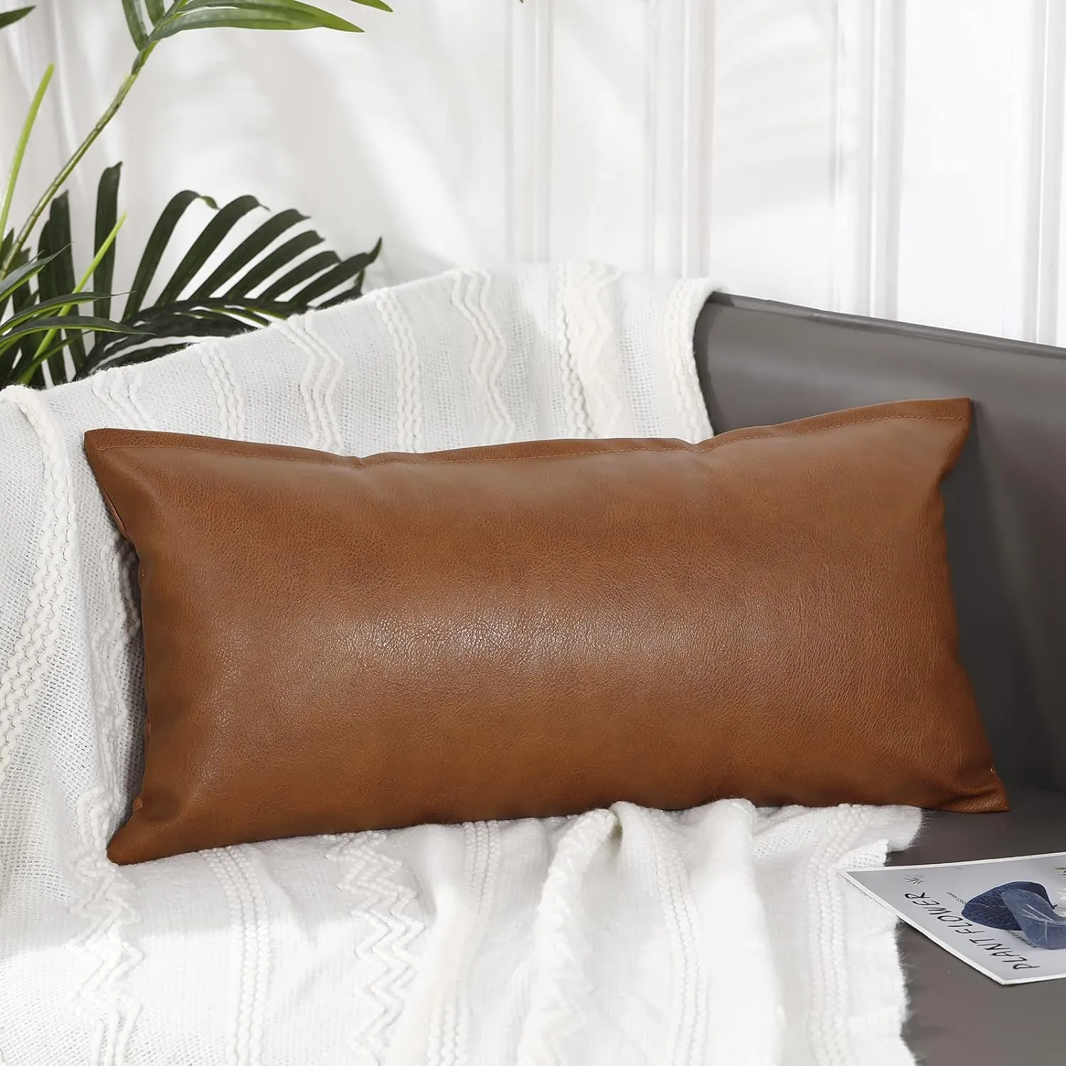 PANOD Long Lumbar Pillow Covers 12 x 22,Faux Leather Decorative Long Lumbar Pillow Cover Pillow Case for Bed Sofa Couch Livingroom Farmhouse,Modern Boho,Vegan Brown