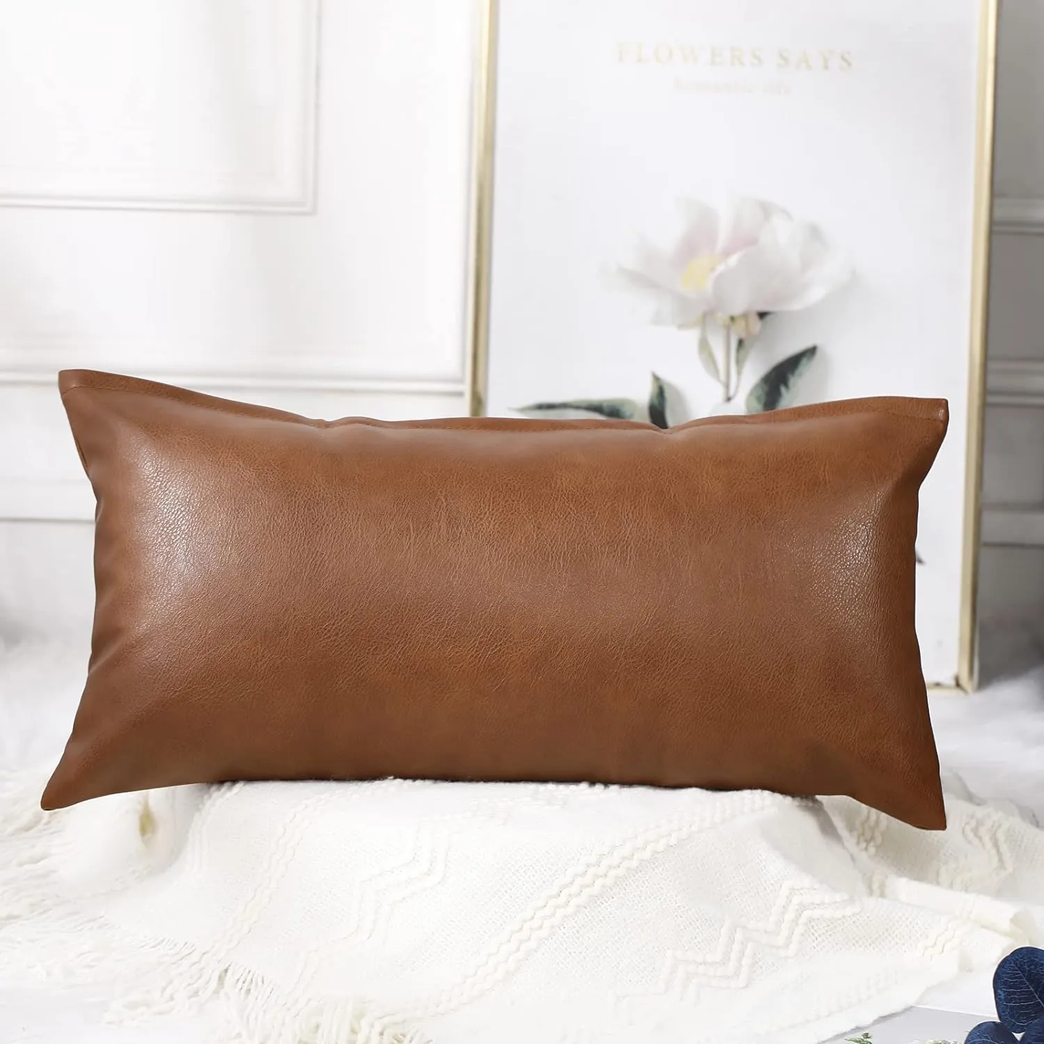 PANOD Long Lumbar Pillow Covers 12 x 22,Faux Leather Decorative Long Lumbar Pillow Cover Pillow Case for Bed Sofa Couch Livingroom Farmhouse,Modern Boho,Vegan Brown