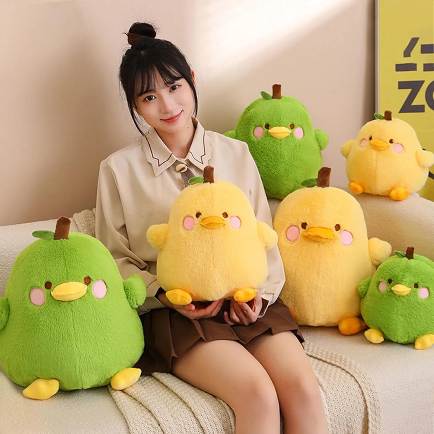 PEACH CAT Cute Fruit Pear Duck Plush Pillow Duck Stuffed Animal Toy for Kids Yellow 16"