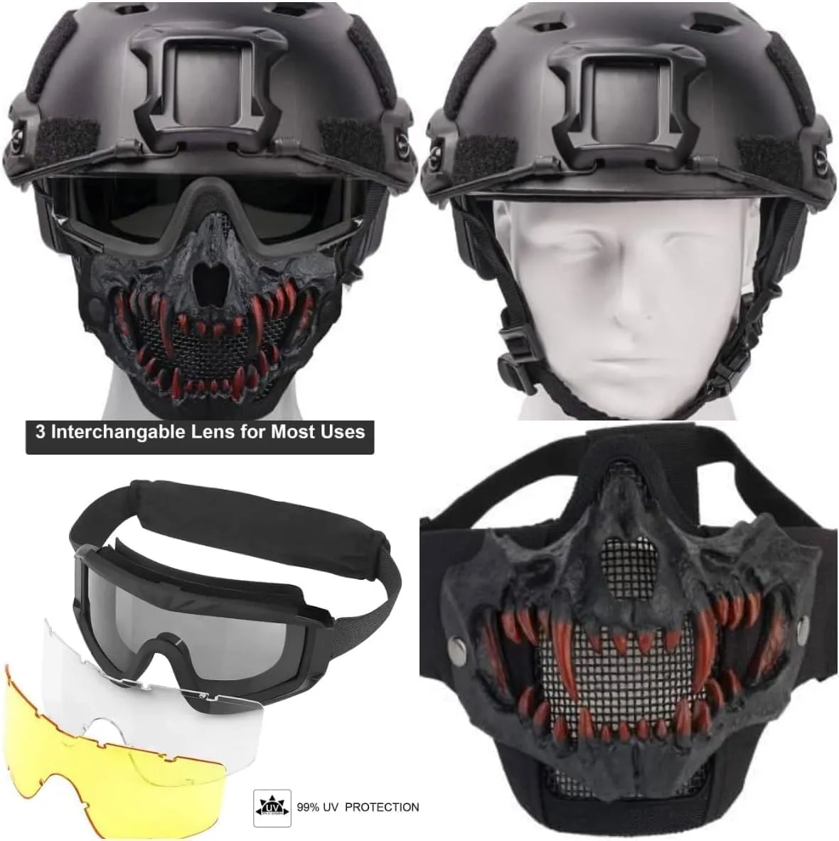 PJ Type Tactical Airsoft Fast Helmet and Foldable Half Face Mesh Guard with Ear Protection Adjustable Chin Strap Full Face Protection Set for Paintball BB Gun