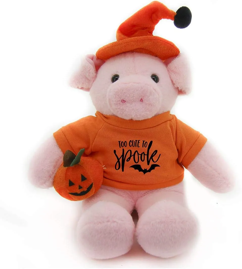 Plushland Halloween Floppy Stuffed Animal Plush Toys Comes Hat and Pumpkin Sitting Too Cute to Spook Gift for Her Gift for Him 12 inch (Pig)