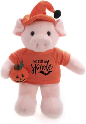 Plushland Halloween Floppy Stuffed Animal Plush Toys Comes Hat and Pumpkin Sitting Too Cute to Spook Gift for Her Gift for Him 12 inch (Pig)