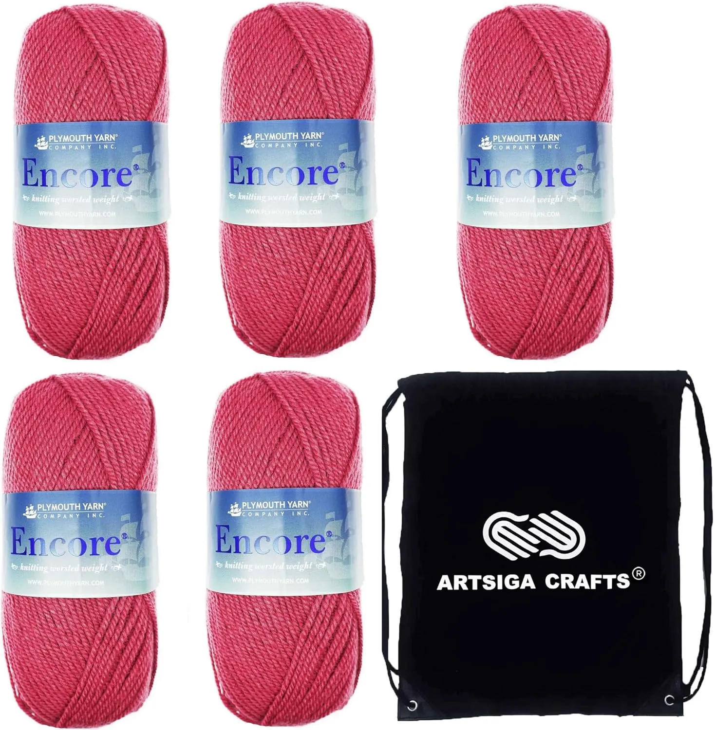 Plymouth Yarn for Knitting Encore Worsted Dark Mauve 0180, 5-Skeins (Same Dyelot, Total: 500 gr, 1000 yds), Medium Weight #4, 75% Acrylic/25% Wool Blend, with Project Bag