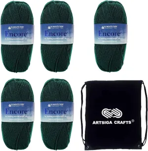 Plymouth Yarn for Knitting Encore Worsted Forest Green 0204, 5-Skeins (Same Dyelot, Total: 500 gr, 1000 yds), Medium Weight #4, 75% Acrylic/25% Wool Blend, with Project Bag