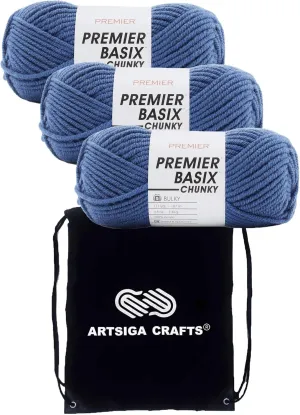 Premier Basix Chunky Knitting Yarn Denim 1145-34 (3-Pack) Same Dye Lot Chunky Bulky #5 Soft 100% Acrylic with Project Bag