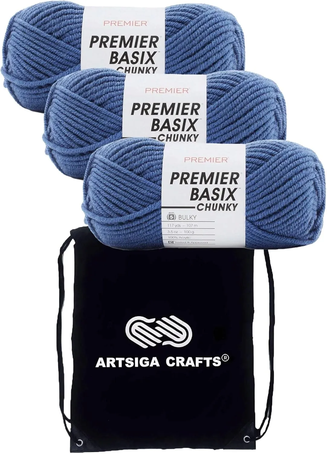 Premier Basix Chunky Knitting Yarn Denim 1145-34 (3-Pack) Same Dye Lot Chunky Bulky #5 Soft 100% Acrylic with Project Bag