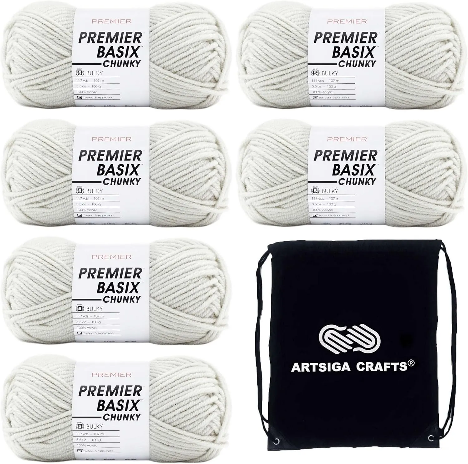 Premier Yarns Basix Chunky Mist 1145-40 (6-Skeins - Same Dye Lot) Chunky Bulky #5 Acrylic Yarn for Crocheting and Knitting with Project Bag