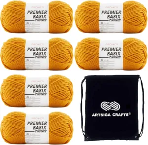 Premier Yarns Basix Chunky Mustard 1145-06 (6-Skeins - Same Dye Lot) Chunky Bulky #5 Acrylic Yarn for Crocheting and Knitting with Project Bag