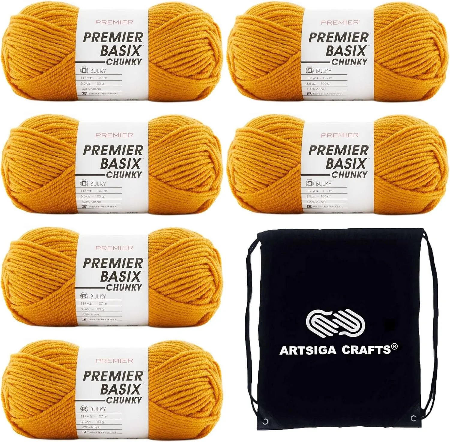 Premier Yarns Basix Chunky Mustard 1145-06 (6-Skeins - Same Dye Lot) Chunky Bulky #5 Acrylic Yarn for Crocheting and Knitting with Project Bag
