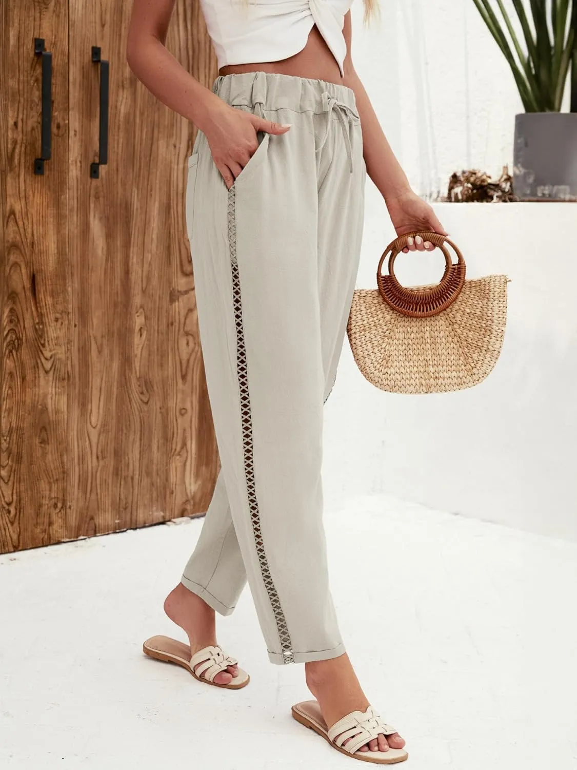 Puimentiua Women's Linen Capri Pants with Drawstring Petite Summer Beachwear Lightweight Elastic Waist Pants
