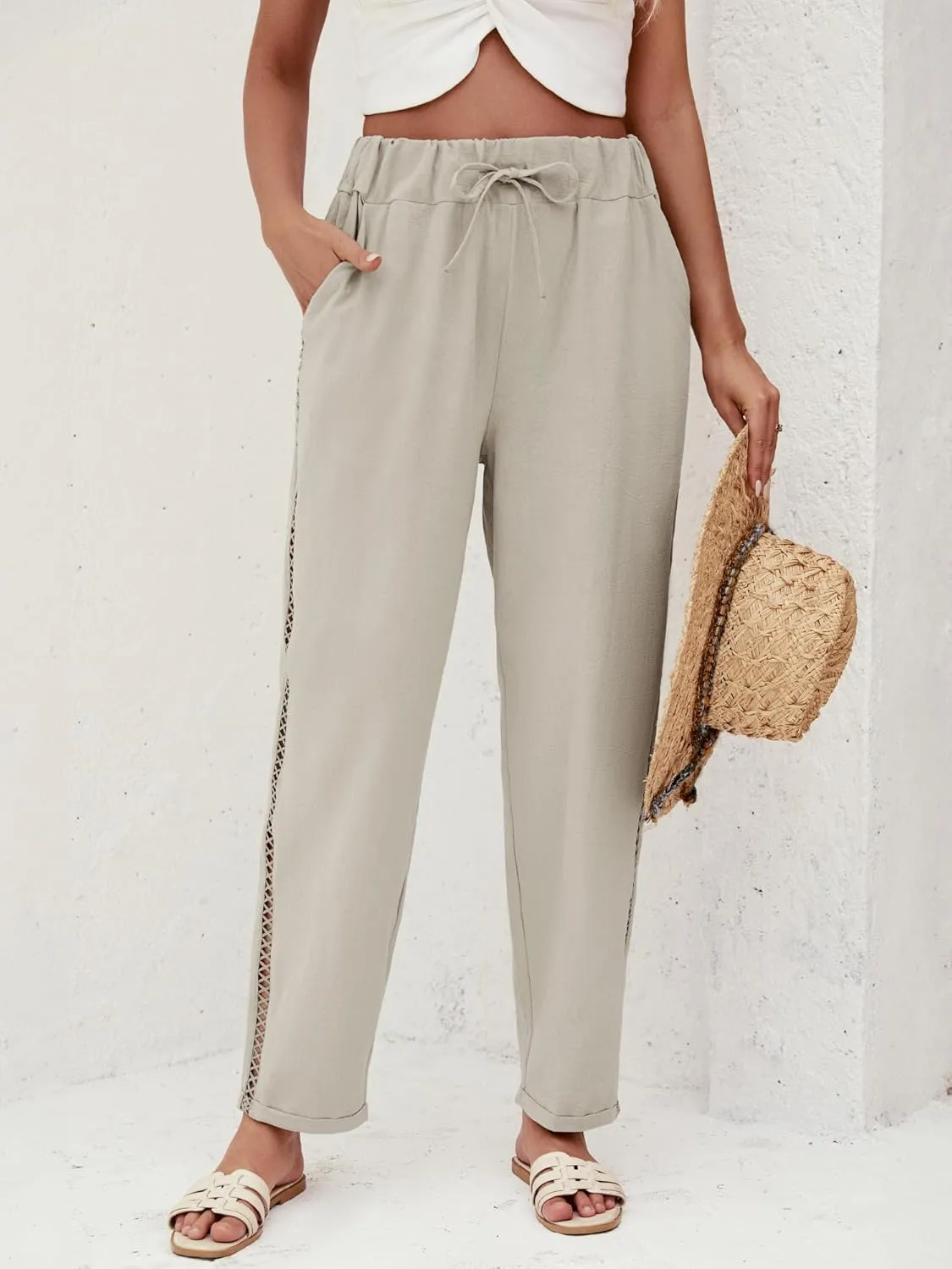 Puimentiua Women's Linen Capri Pants with Drawstring Petite Summer Beachwear Lightweight Elastic Waist Pants