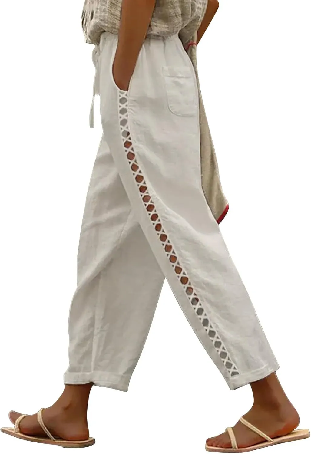 Puimentiua Women's Linen Capri Pants with Drawstring Petite Summer Beachwear Lightweight Elastic Waist Pants