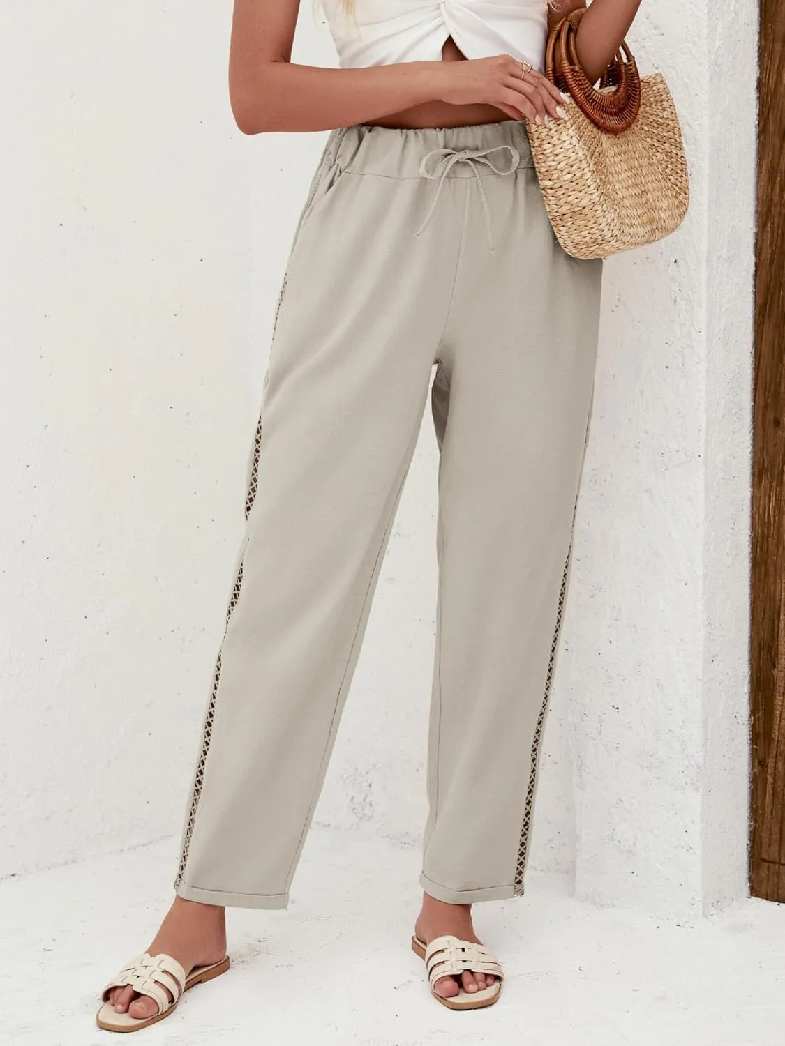 Puimentiua Women's Linen Capri Pants with Drawstring Petite Summer Beachwear Lightweight Elastic Waist Pants
