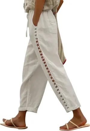 Puimentiua Women's Linen Capri Pants with Drawstring Petite Summer Beachwear Lightweight Elastic Waist Pants