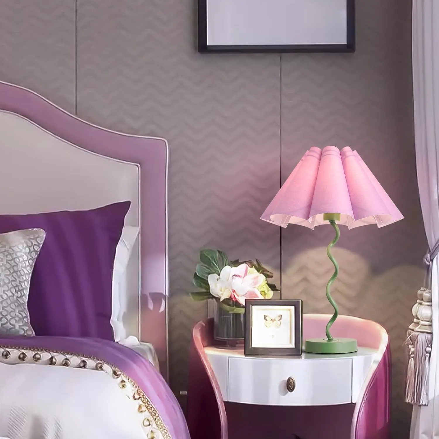 Purple Funky Table Lamp with Pleated Lamp Shape, Unique Table Lamp for Bedroom, Sage with Purple Table Lamp Bedside Lamps for Nightstand, Living Room (Purple)