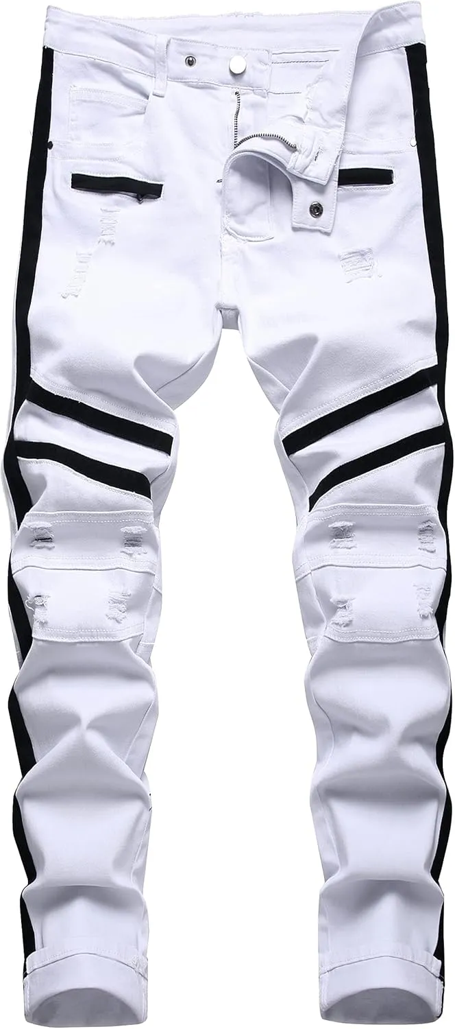 QIMYUM Men's Slim Fit Jeans Ripped Skinny Jeans for Men, Fashion Biker Jeans Stretch Moto Cargo Denim Pants