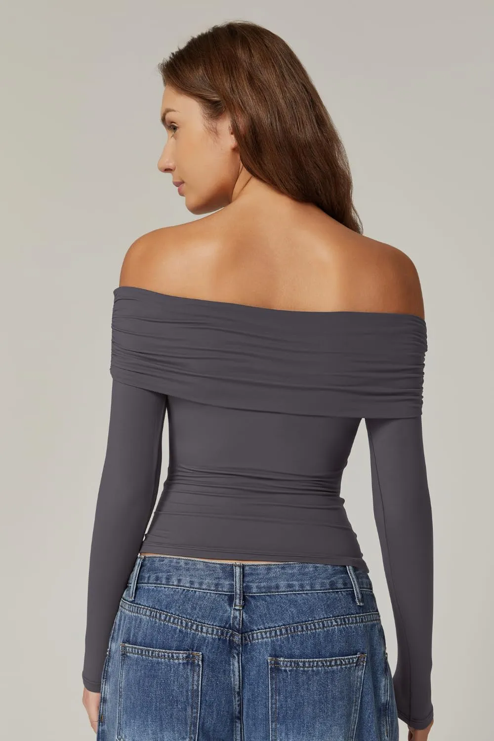 QINSEN Womens Off The Shoulder Tops Double Lined Long Sleeve T Shirts Slim Fitted Stretchy Crop Top
