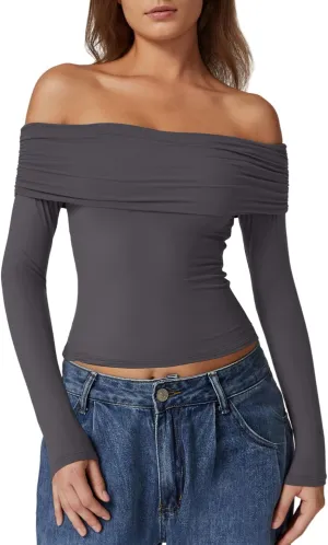 QINSEN Womens Off The Shoulder Tops Double Lined Long Sleeve T Shirts Slim Fitted Stretchy Crop Top