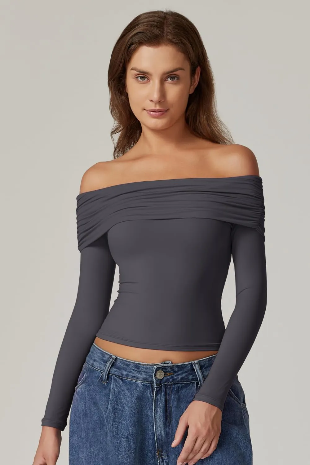 QINSEN Womens Off The Shoulder Tops Double Lined Long Sleeve T Shirts Slim Fitted Stretchy Crop Top
