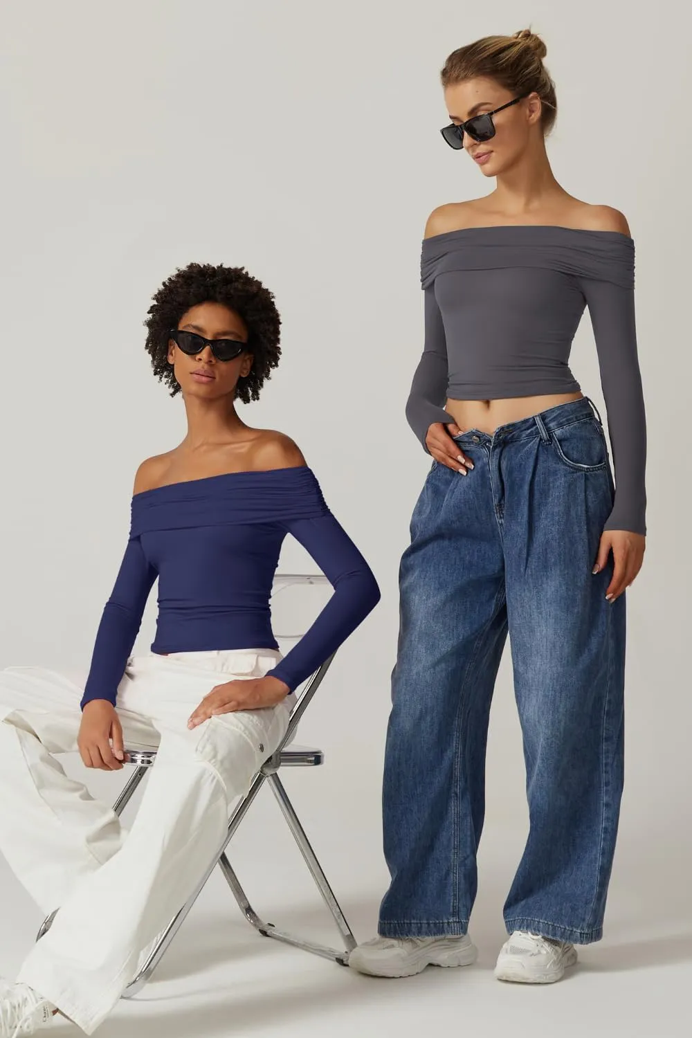QINSEN Womens Off The Shoulder Tops Double Lined Long Sleeve T Shirts Slim Fitted Stretchy Crop Top