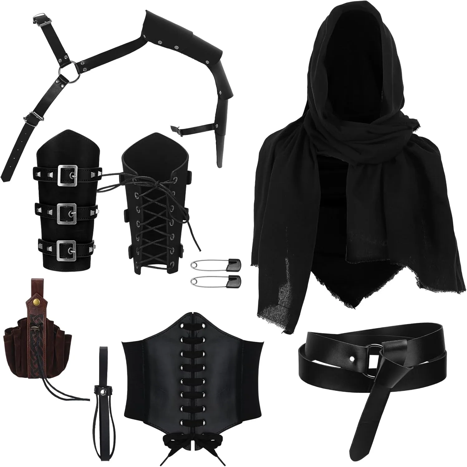 Ramede 7 Pcs Halloween Renaissance Costume for Men Includes Cork Potion Bottle Medieval Knight Leather Belt Shawl Half Shoulder Cape Buckle Bracers Sword Frog Corset Belt Drawstring Bag for Cosplay