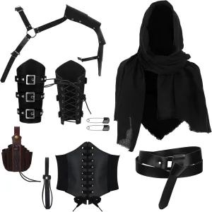 Ramede 7 Pcs Halloween Renaissance Costume for Men Includes Cork Potion Bottle Medieval Knight Leather Belt Shawl Half Shoulder Cape Buckle Bracers Sword Frog Corset Belt Drawstring Bag for Cosplay