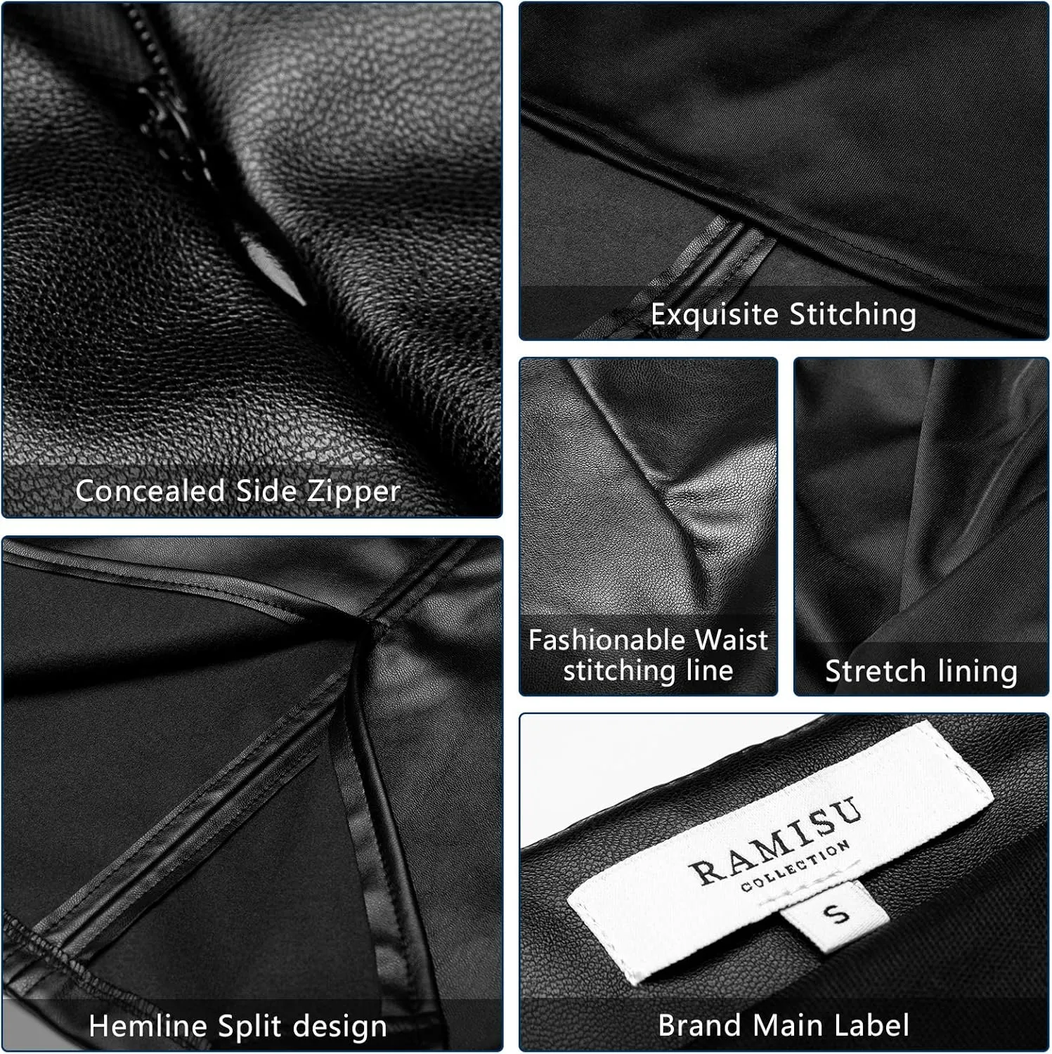 RAMISU Faux Leather Pencil Skirt High Waist Split Lady's Half Body Midi Hip Skirt