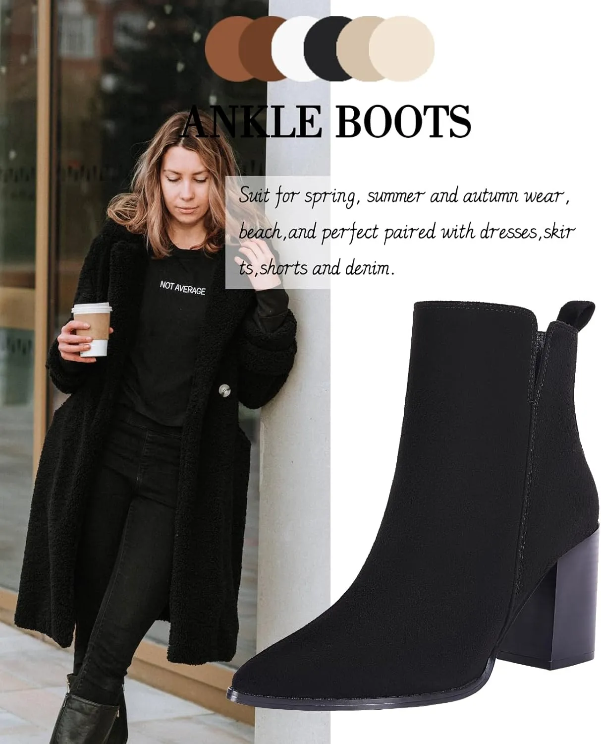 Rilista Womens V Cutout Ankle Boots Pointed Toe Chunky Block Stacked Heel Booties Side Zipper Shoes