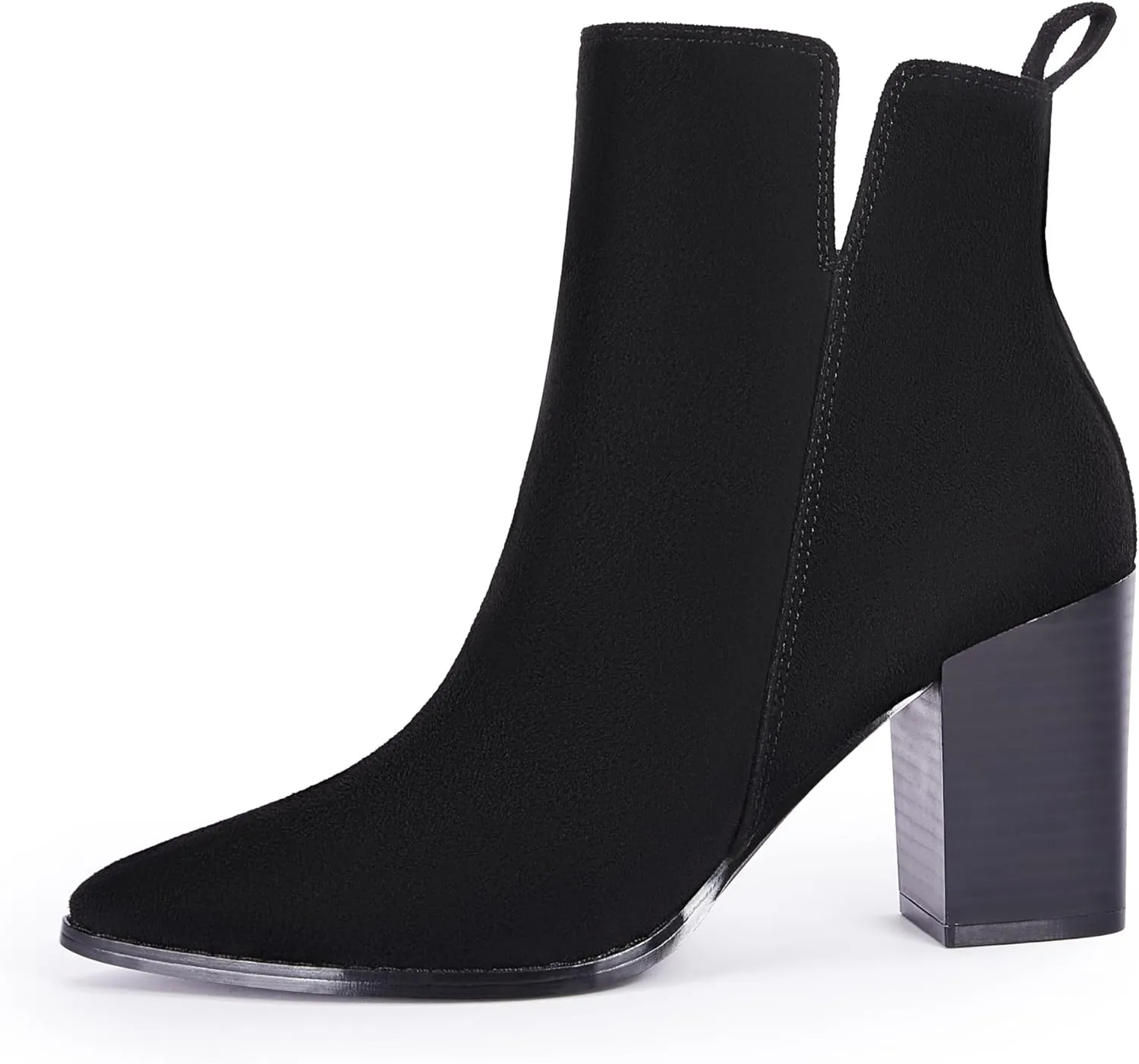 Rilista Womens V Cutout Ankle Boots Pointed Toe Chunky Block Stacked Heel Booties Side Zipper Shoes