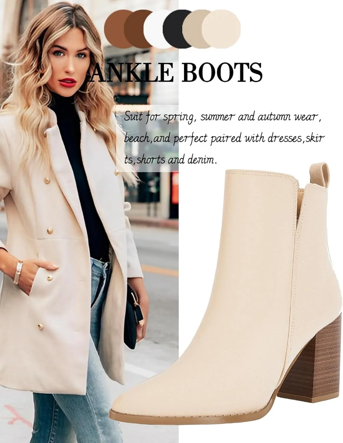 Rilista Womens V Cutout Ankle Boots Pointed Toe Chunky Block Stacked Heel Booties Side Zipper Shoes