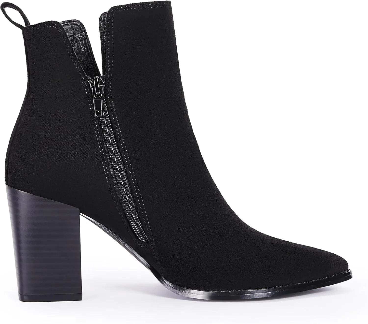 Rilista Womens V Cutout Ankle Boots Pointed Toe Chunky Block Stacked Heel Booties Side Zipper Shoes
