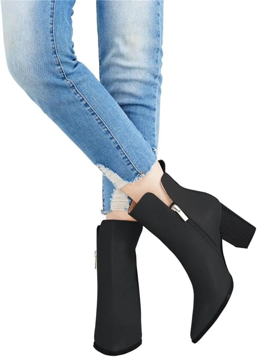 Rilista Womens V Cutout Ankle Boots Pointed Toe Chunky Block Stacked Heel Booties Side Zipper Shoes
