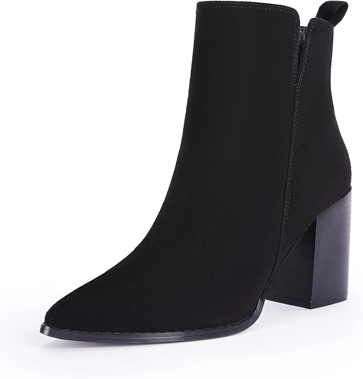 Rilista Womens V Cutout Ankle Boots Pointed Toe Chunky Block Stacked Heel Booties Side Zipper Shoes