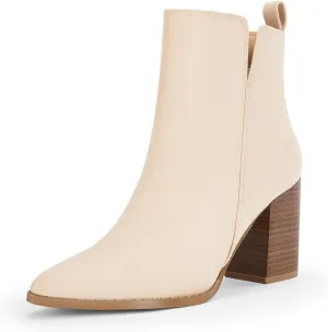 Rilista Womens V Cutout Ankle Boots Pointed Toe Chunky Block Stacked Heel Booties Side Zipper Shoes